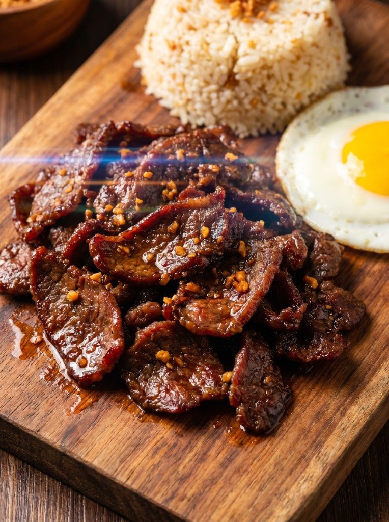 A rich, glazed pan of simmering beef tapa